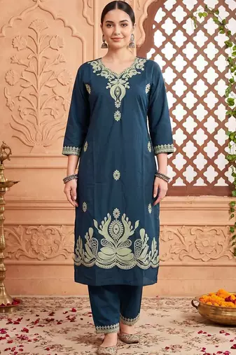 women ethnic motifs embroidered regular thread work cotton kurta with trousers