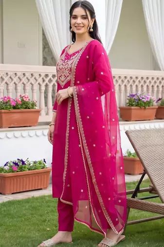 women ethnic motifs embroidered regular kurta with trousers & with dupatta
