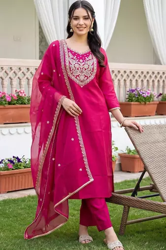 women ethnic motifs embroidered regular kurta with trousers & with dupatta