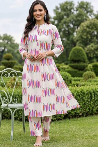 women printed regular cotton kurta with trousers