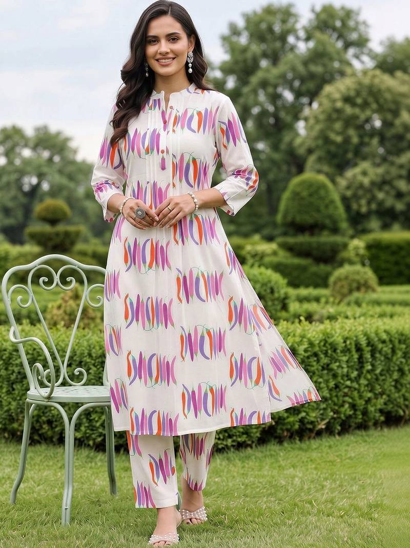 women printed regular cotton kurta with trousers