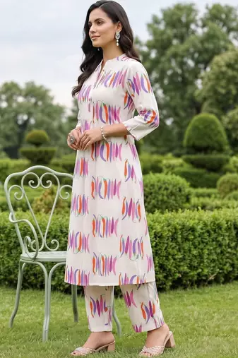 women printed regular cotton kurta with trousers