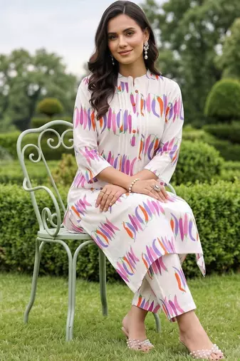 women printed regular cotton kurta with trousers