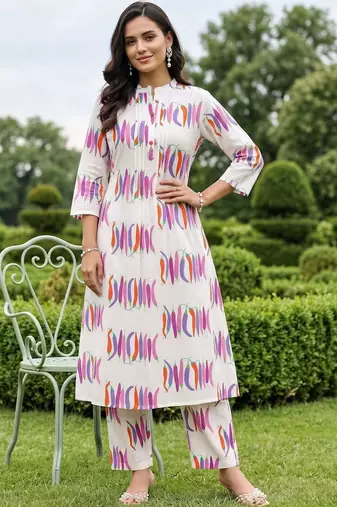 women printed regular cotton kurta with trousers