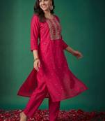 women ethnic motifs embroidered regular thread work kurta with trousers