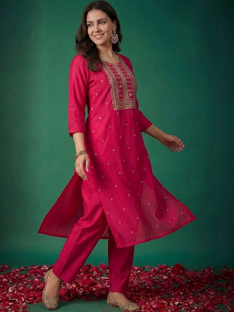 women ethnic motifs embroidered regular thread work kurta with trousers