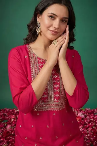 women ethnic motifs embroidered regular thread work kurta with trousers