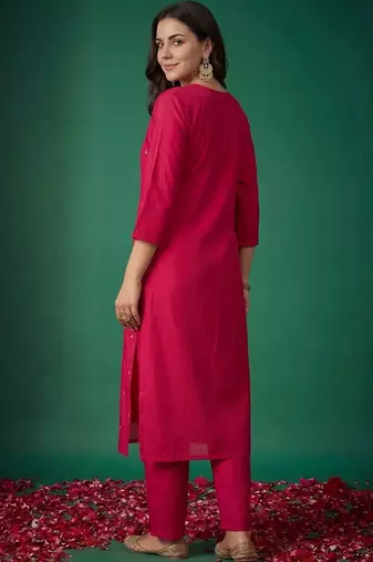 women ethnic motifs embroidered regular thread work kurta with trousers