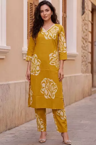 women floral printed regular cotton kurta with trousers