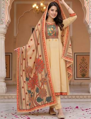 women ethnic motifs printed regular sequinned cotton kurta with trousers & with dupatta 1