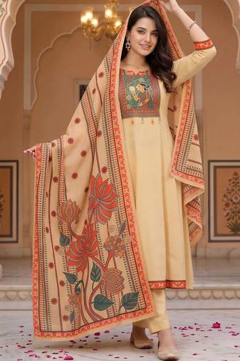 women ethnic motifs printed regular sequinned cotton kurta with trousers & with dupatta