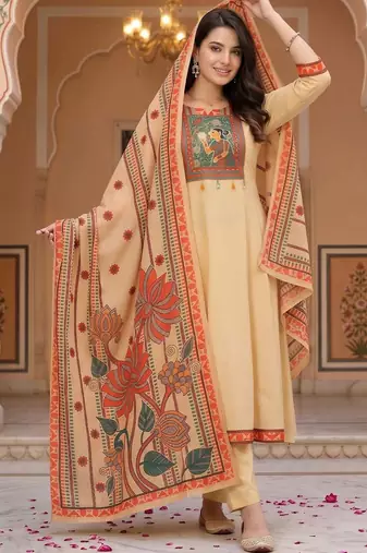 women ethnic motifs printed regular sequinned cotton kurta with trousers & with dupatta