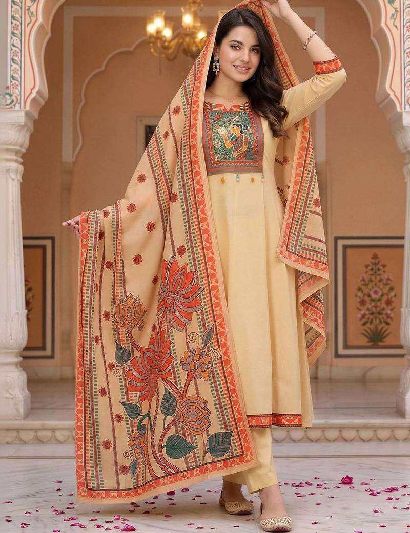 women ethnic motifs printed regular sequinned cotton kurta with trousers & with dupatta