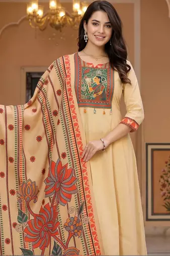 women ethnic motifs printed regular sequinned cotton kurta with trousers & with dupatta
