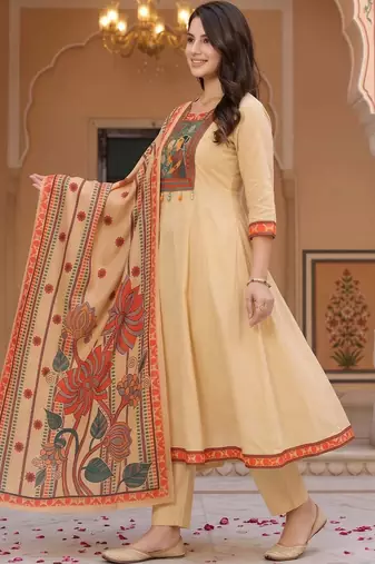 women ethnic motifs printed regular sequinned cotton kurta with trousers & with dupatta