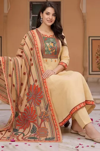 women ethnic motifs printed regular sequinned cotton kurta with trousers & with dupatta