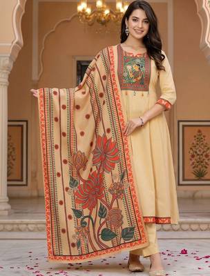women ethnic motifs printed regular sequinned cotton kurta with trousers & with dupatta 6