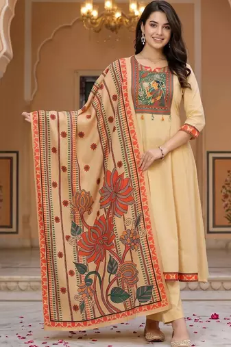 women ethnic motifs printed regular sequinned cotton kurta with trousers & with dupatta