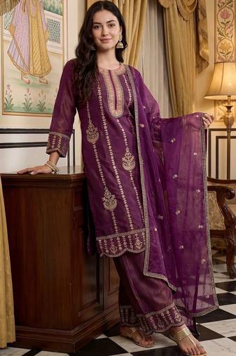 women ethnic motifs embroidered regular thread work kurta with palazzos & with dupatta