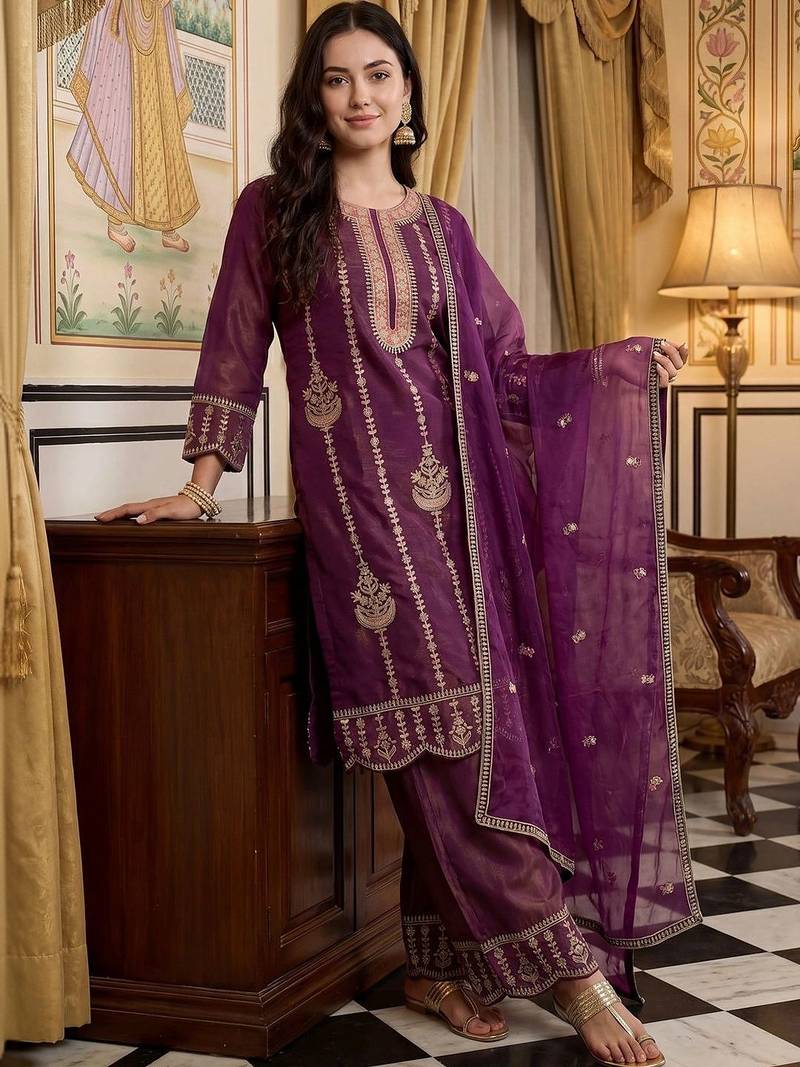 women ethnic motifs embroidered regular thread work kurta with palazzos & with dupatta