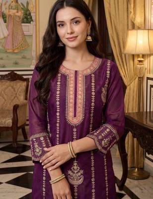 women ethnic motifs embroidered regular thread work kurta with palazzos & with dupatta 2