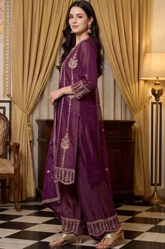 women ethnic motifs embroidered regular thread work kurta with palazzos & with dupatta