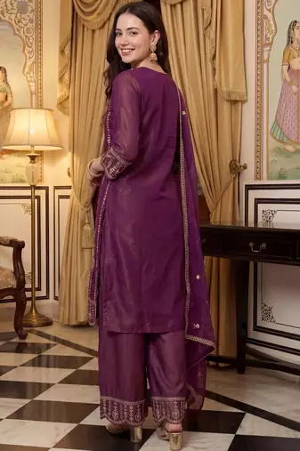 women ethnic motifs embroidered regular thread work kurta with palazzos & with dupatta