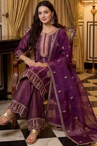 women ethnic motifs embroidered regular thread work kurta with palazzos & with dupatta