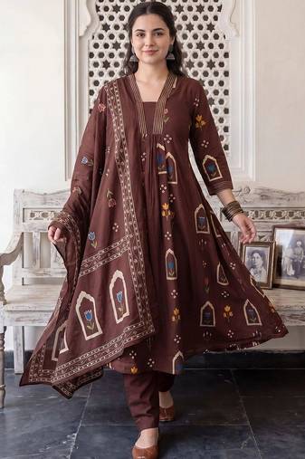 women ethnic motifs printed empire cotton kurta with trousers & with dupatta
