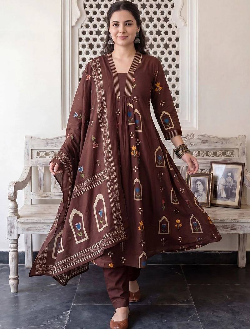 women ethnic motifs printed empire cotton kurta with trousers & with dupatta