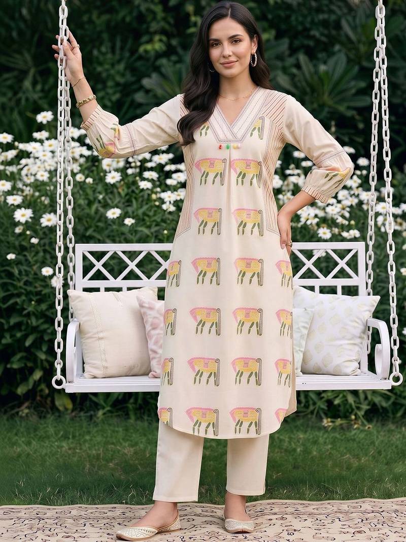 women ethnic motifs printed regular cotton kurta with trousers
