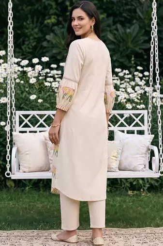 women ethnic motifs printed regular cotton kurta with trousers