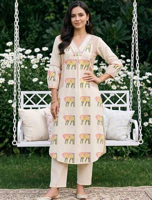 women ethnic motifs printed regular cotton kurta with trousers 6