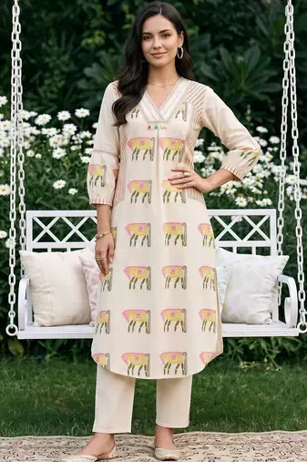 women ethnic motifs printed regular cotton kurta with trousers