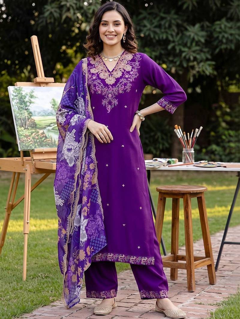 women ethnic motifs embroidered regular kurta with trousers & with dupatta