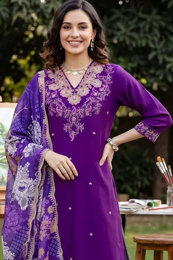 women ethnic motifs embroidered regular kurta with trousers & with dupatta