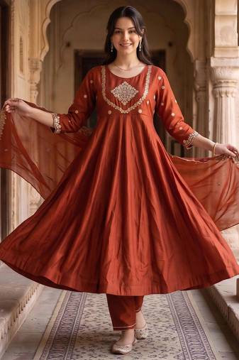 women ethnic motifs embroidered empire kurta with trousers & with dupatta