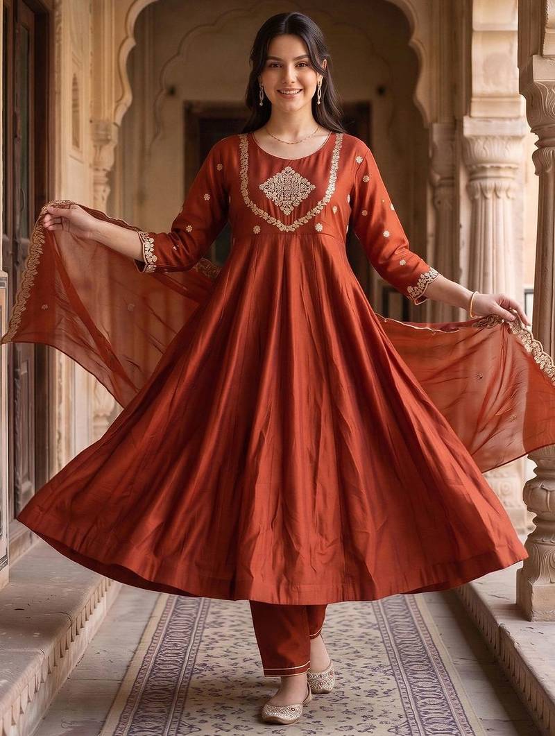 women ethnic motifs embroidered empire kurta with trousers & with dupatta