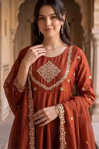 women ethnic motifs embroidered empire kurta with trousers & with dupatta