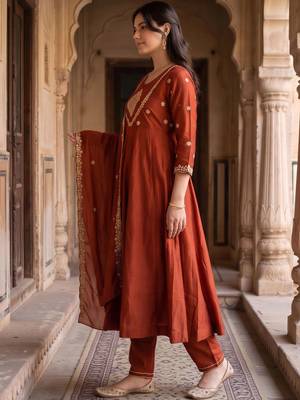 women ethnic motifs embroidered empire kurta with trousers & with dupatta 3