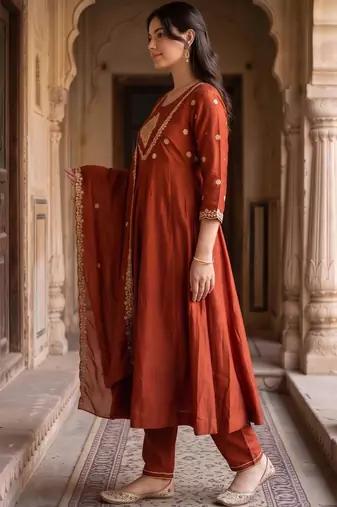 women ethnic motifs embroidered empire kurta with trousers & with dupatta