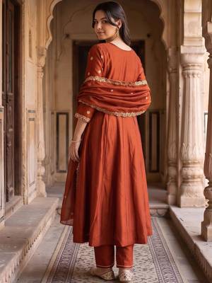 women ethnic motifs embroidered empire kurta with trousers & with dupatta 4