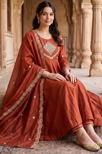 women ethnic motifs embroidered empire kurta with trousers & with dupatta