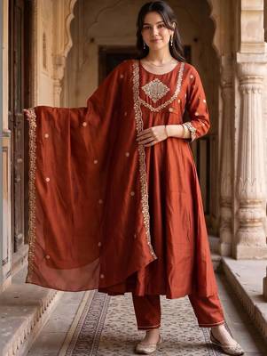 women ethnic motifs embroidered empire kurta with trousers & with dupatta 6