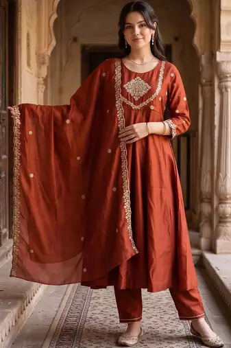 women ethnic motifs embroidered empire kurta with trousers & with dupatta