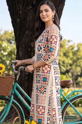 women printed regular kurta with trousers