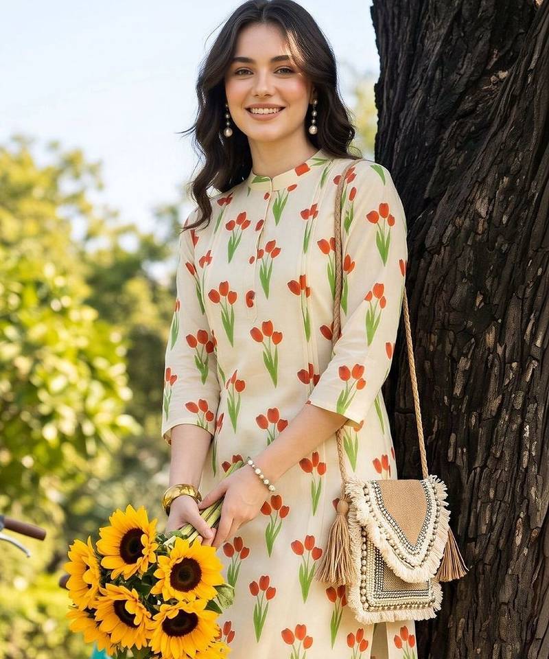 women floral printed regular cotton kurta with trousers