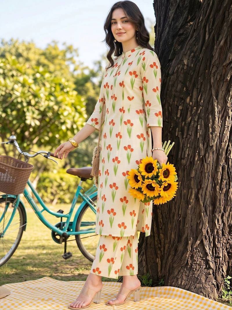 women floral printed regular cotton kurta with trousers