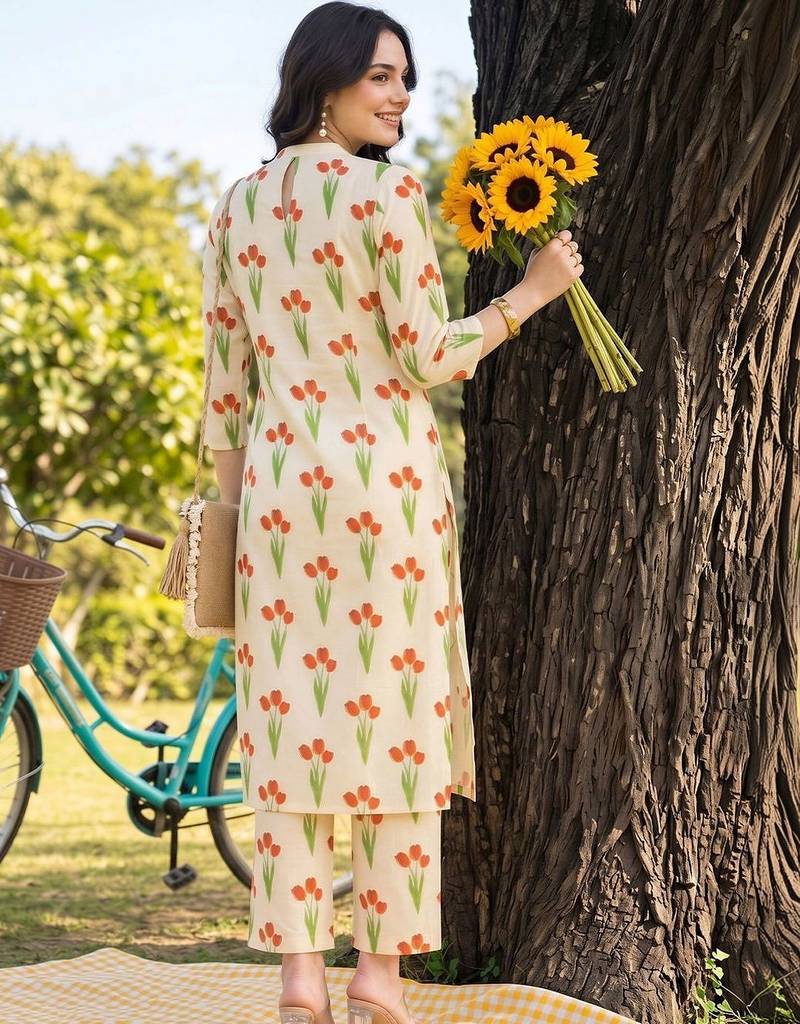 women floral printed regular cotton kurta with trousers