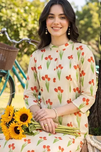 women floral printed regular cotton kurta with trousers